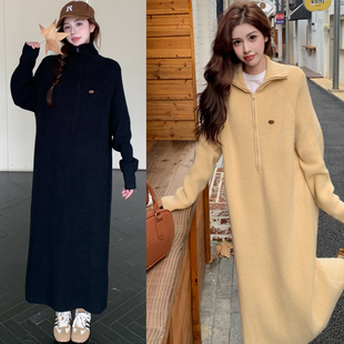 高领拉链长袖 胖妹妹大码 针织中长款 2025秋冬新款 毛衣连衣裙子 女装