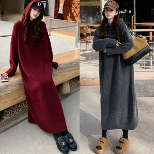 冬季慵懒风简约连帽毛衣裙女新款宽松显瘦过膝长款打底针织连衣裙