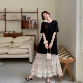 胖mm宽松连衣裙T恤新款 懒人超长款 鱼尾蕾丝拼接夏装 黑色大码 短袖