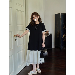宽松显瘦设计感长裙子 微胖mm撞色拼接慵懒风连衣裙女2025夏大码