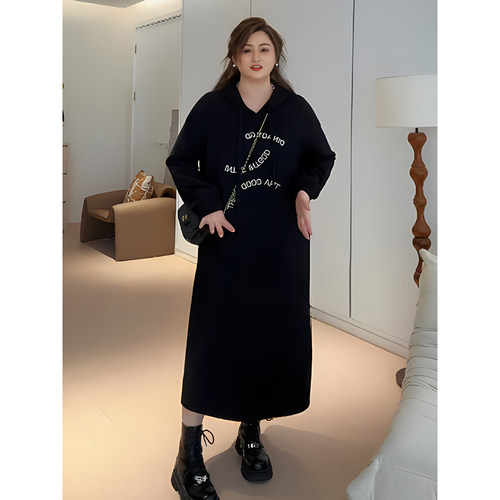大码宽松慵懒风连帽卫衣裙女秋季胖mm黑色休闲遮肉显瘦正肩连衣裙
