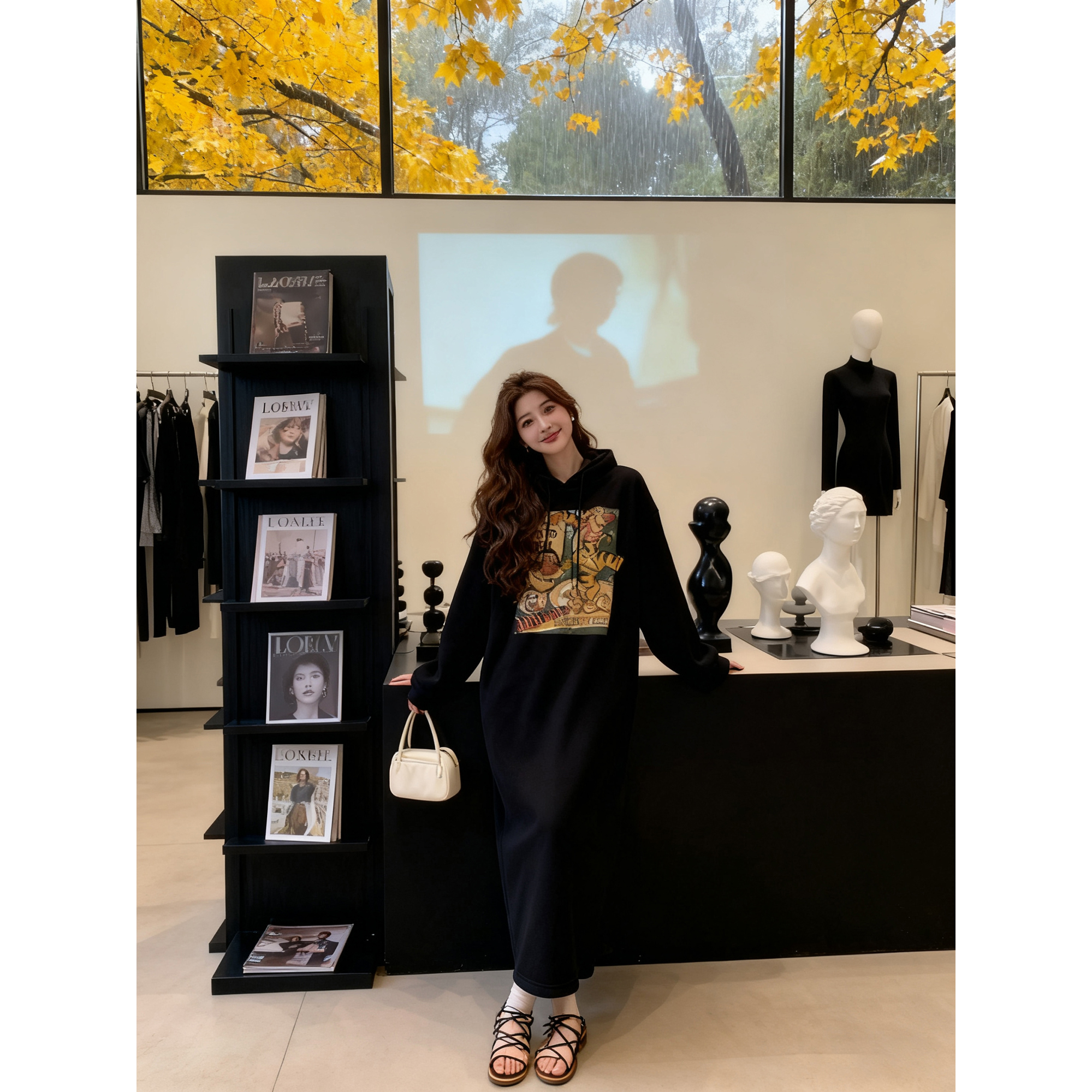 加绒加厚连帽卫衣长裙女冬季新款大码宽松显瘦印花保暖连衣裙外穿