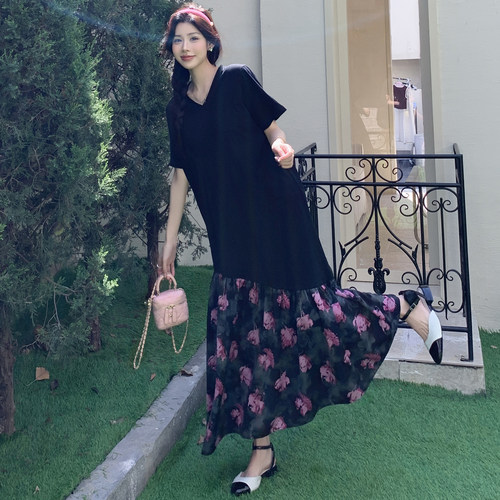 大码拼接玫瑰碎花短袖T恤长裙女夏季新款胖mm宽松显瘦遮肉连衣裙