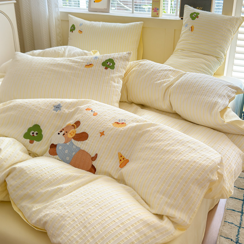 水洗棉床单四件套纯棉提花刺绣双人被罩单人床上全棉床笠款床品