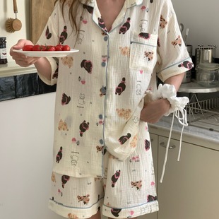 实拍夏季 可外穿 新款 ins甜美猫咪双层棉纱休闲家居服睡衣套装