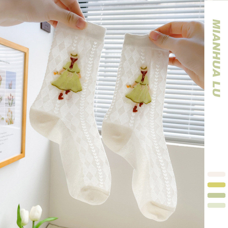 白色网眼袜子女ins潮中筒袜夏季薄款日系可爱卡通纯棉镂空冰丝袜