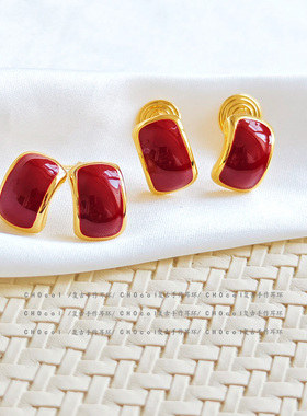 红色油画感珐琅耳夹女无耳洞蚊香盘耳钉新年圣诞耳饰复古显白耳环