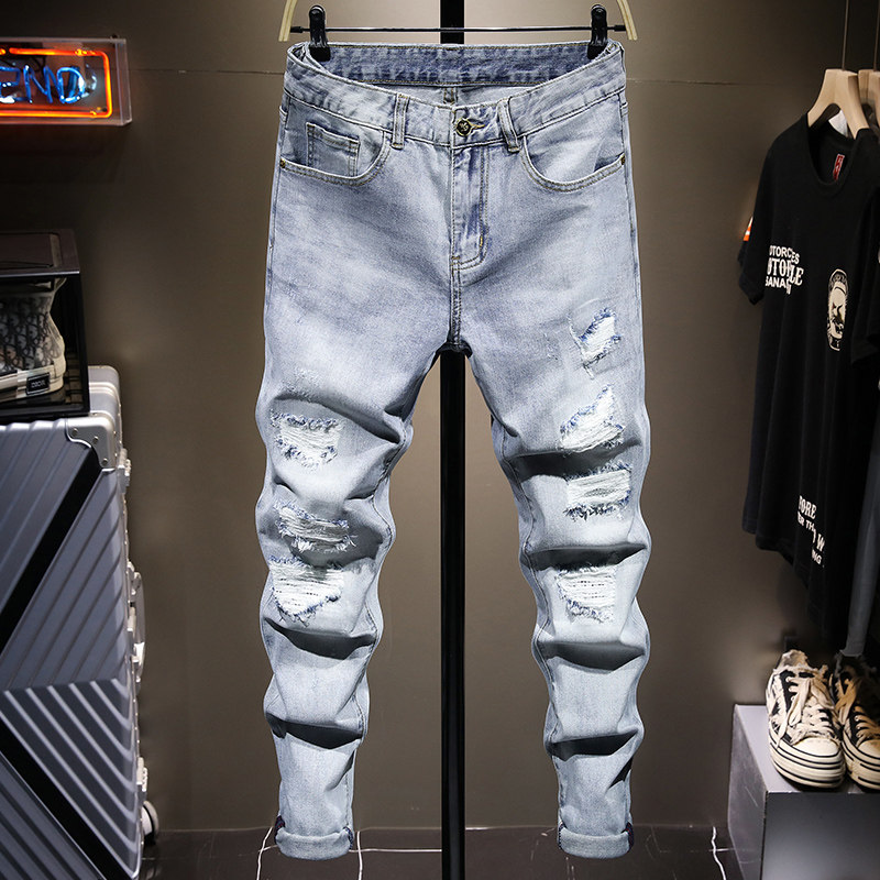 夏季薄款浅色潮牌破洞牛仔裤男修身小脚乞丐裤子男士百搭韩版潮流