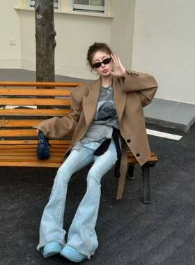 美式复古财神翻领腰带短西装女