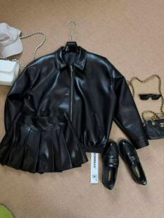 女 复古翻领皮衣套装 辣妹百褶裙洋气显瘦 美式 GOD财神2026早春新款