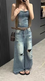 十三行正品2026夏款美式复古辣妹风牛仔抹胸+宽松阔腿裤两件套女