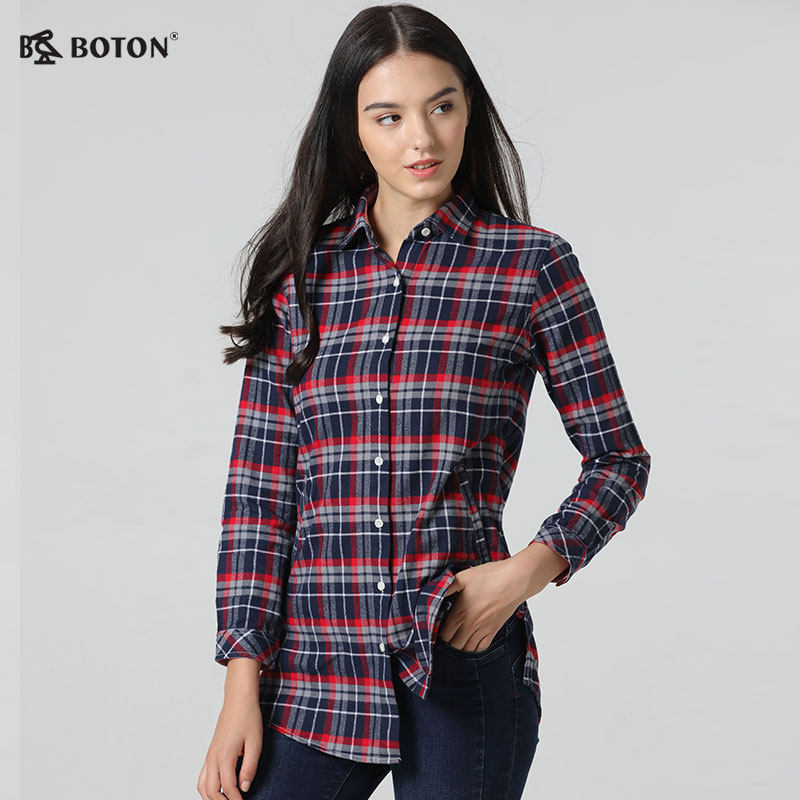 波顿/Boton2018年新款秋季中长款红蓝白格子衬衫磨毛女士修身衬衣