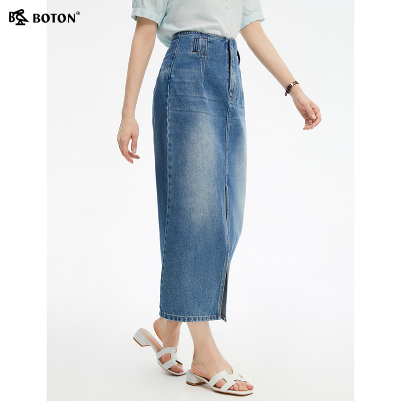 波顿2025夏季新款高腰显瘦复古牛仔半身裙女开叉浅蓝色中长款裙子