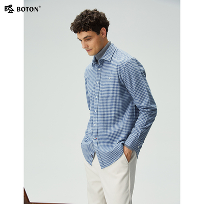 波顿男士长袖格子衬衫