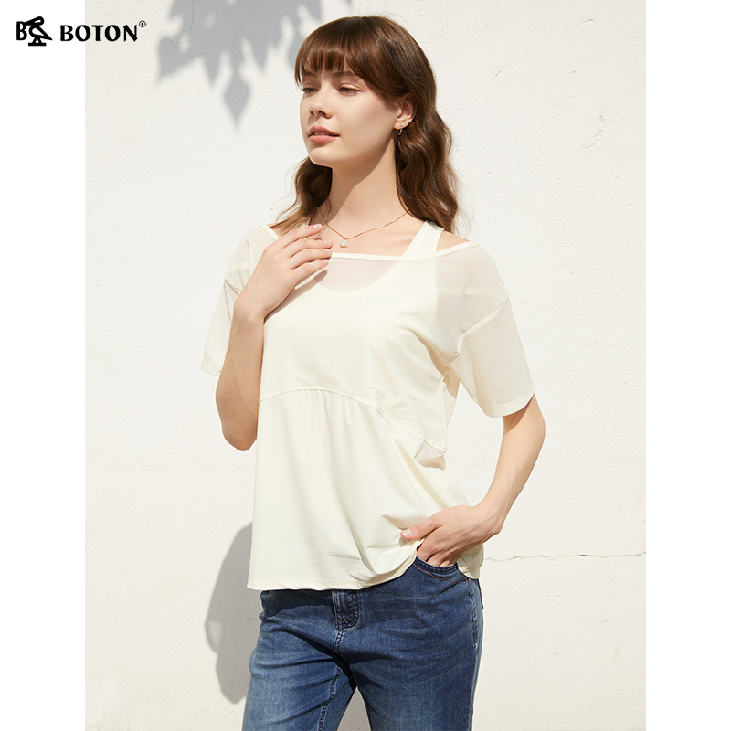 波顿2025年夏季新款女士冰凉感透气宽松版短袖吊带T恤假两件上衣