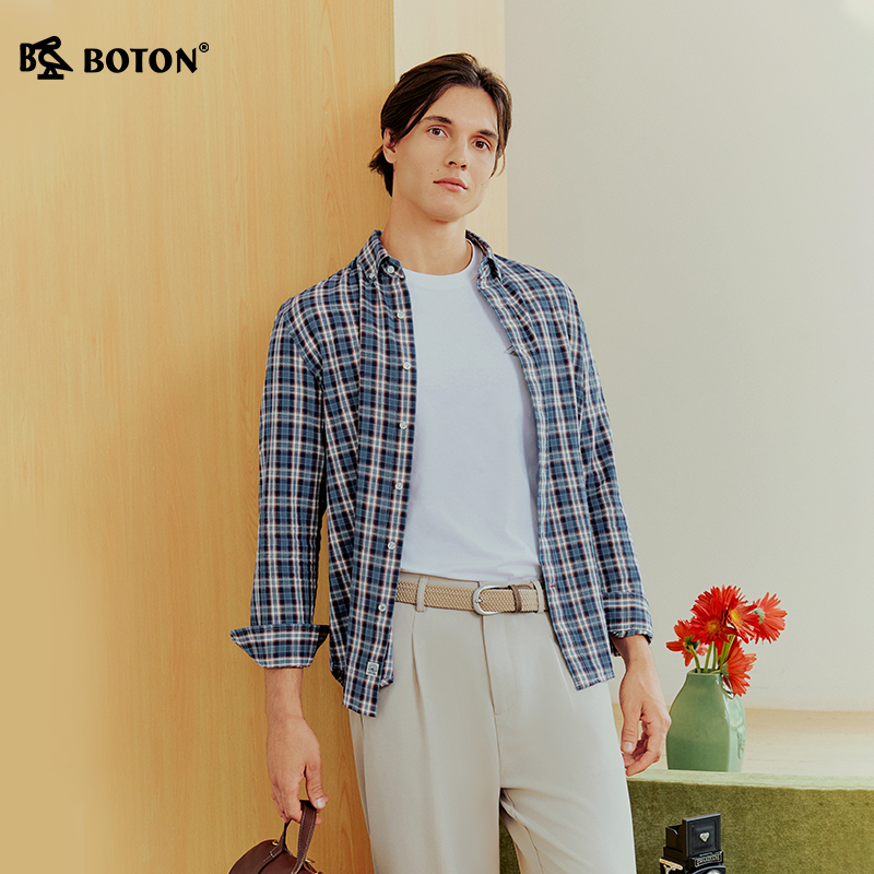 Boton/波顿2026年新款亲肤透气格纹春季男装长袖翻领格仔衬衫合身