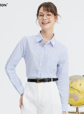 波顿女士蓝白色宽竖条纹衬衫2025春夏新款美式休闲高端长袖衬衣
