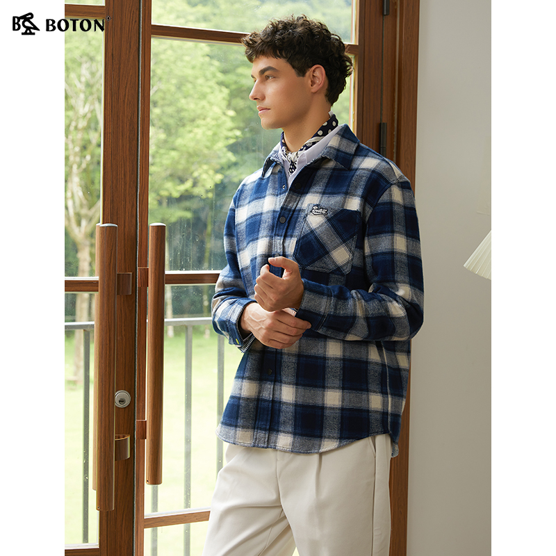 波顿翻领长袖纯棉格子衬衫