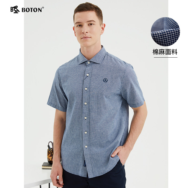 波顿2025新短袖棉亚麻衬衫男士夏季休闲防缩水大码高端透气上衣