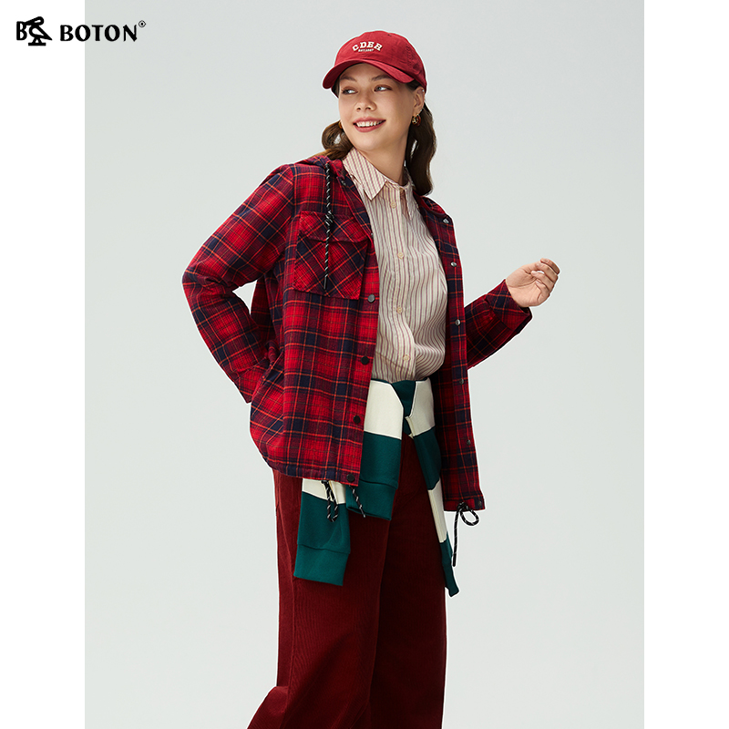 波顿长袖磨毛格子衬衫连帽外套