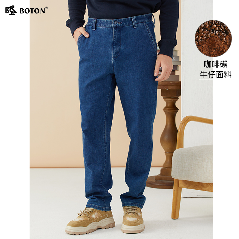 波顿男士牛仔裤中蓝色直筒