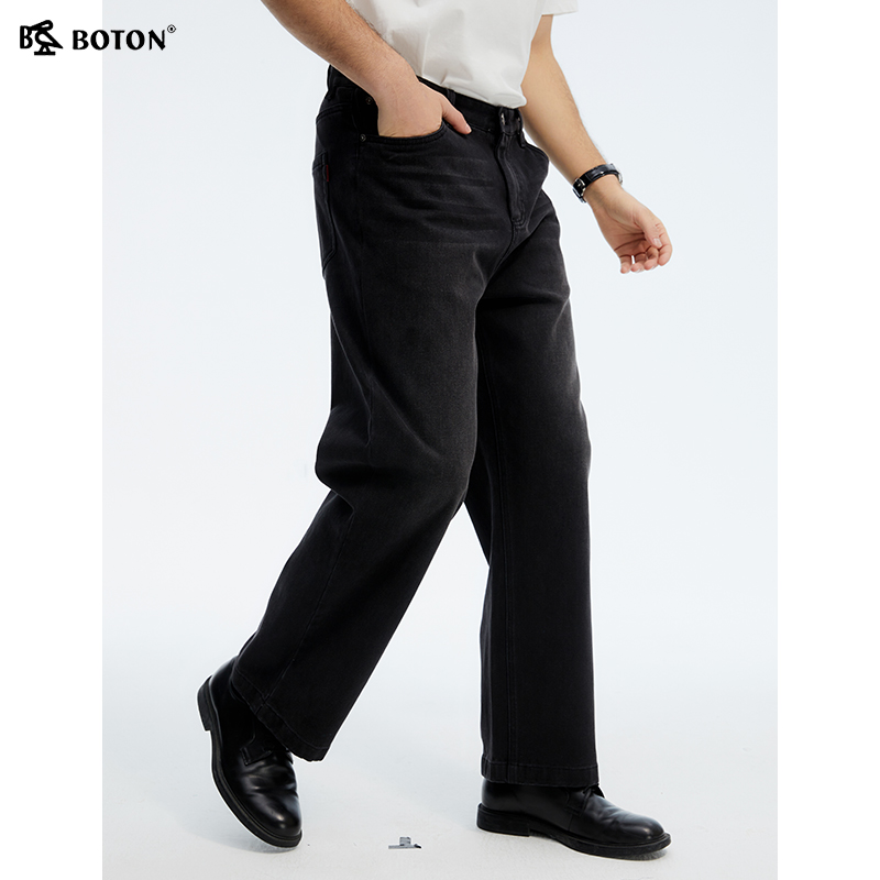 波顿2025春夏季新款男士宽松阔腿直筒黑色牛仔裤棉高端美式长裤子