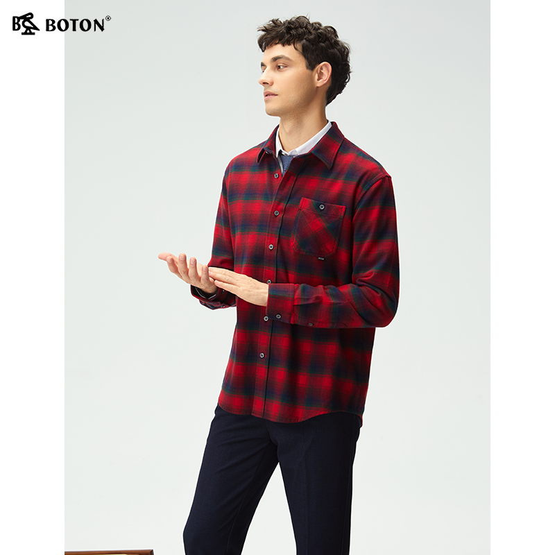 波顿男士修身磨毛格子衬衫