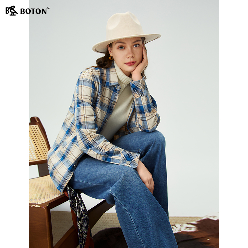 波顿翻领长袖磨毛格子全棉衬衫