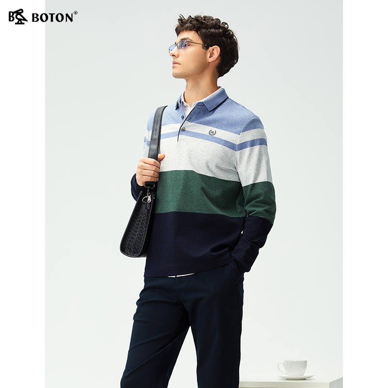 波顿商务翻领长袖polo衫