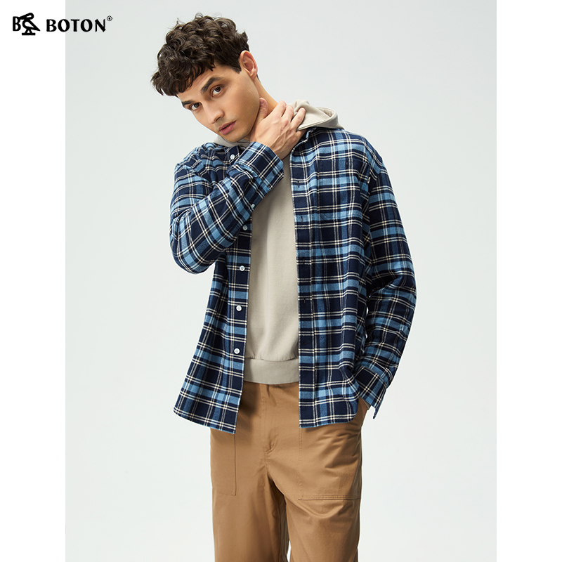 波顿男士磨毛格子长袖衬衫