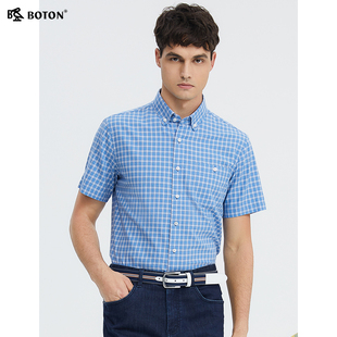 高端美式 波顿男士 格子衬衫 灰蓝色短袖 休闲衬衣 2025春夏新款