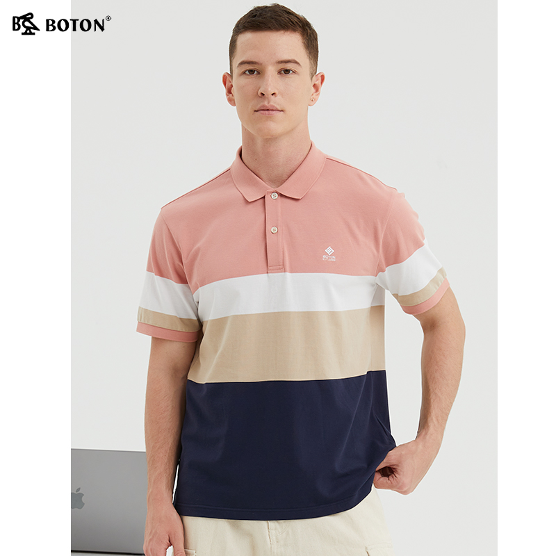 波顿男装条纹拼色polo