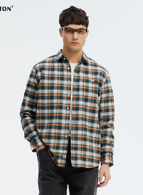 波顿2025年春夏季新款男士松绿白色长袖格子衬衫高端美式休闲衬衣