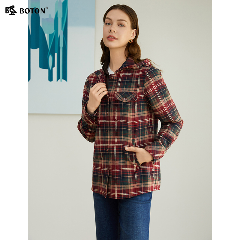 波顿翻领长袖磨毛格子衬衫外套