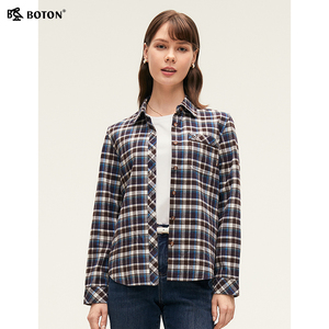 波顿2025秋季新款咖蓝色格子长袖女士衬衫高端美式休闲衬衣