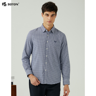 美式 波顿2025秋冬新款 格子衬衫 蓝白色长袖 休闲英伦风高端衬衣 男士