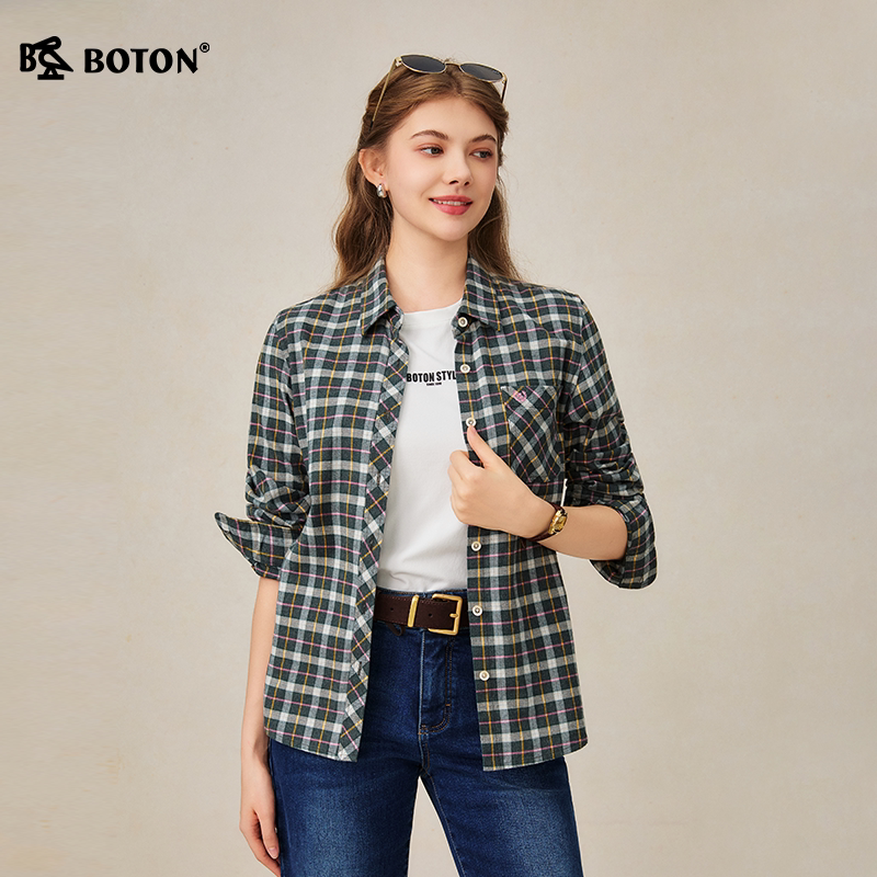 Boton/波顿女装梭织合身翻领全开襟磨毛长袖衬衫