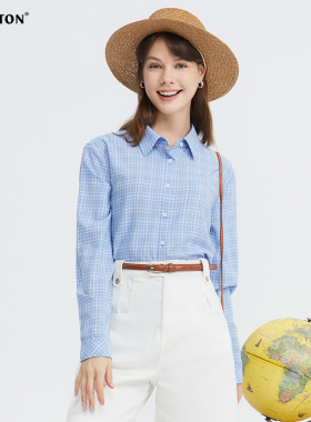 波顿女士2025春夏新款蓝白色格子高端美式休闲长袖衬衫