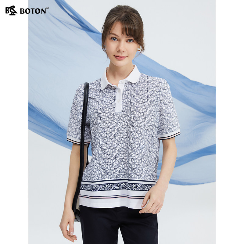 波顿女士2025春夏季新款蓝白色印花条纹POLO衫高端休闲上衣,女装/女士精品,POLO衫,淘宝优惠券,粉丝福利购,淘宝优惠卷