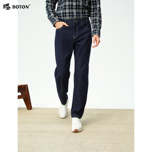 波顿秋冬新款男士修身直筒牛仔法棍裤磨毛通勤深色长裤百搭休闲裤