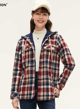 波顿2025秋冬季新款女士红蓝色加绒衬衫型格子外套高端美式上衣