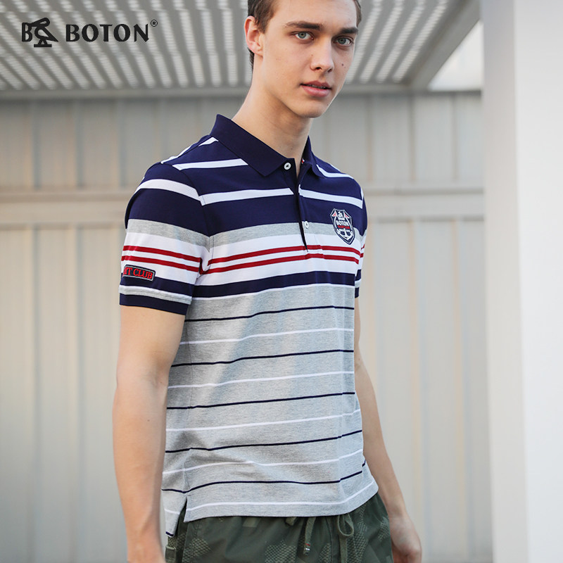 波顿/Boton2018新款中年条纹透气polo衫男士棉质翻领短袖宽松T恤