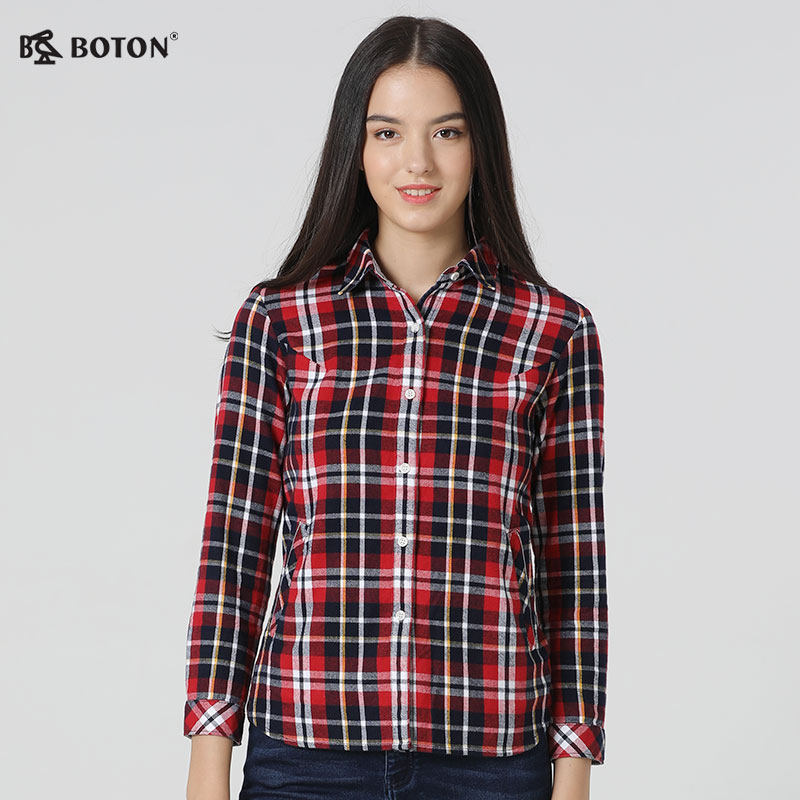 波顿/Boton2018年新款女士秋冬季纯棉磨毛格子长袖衬衫英伦