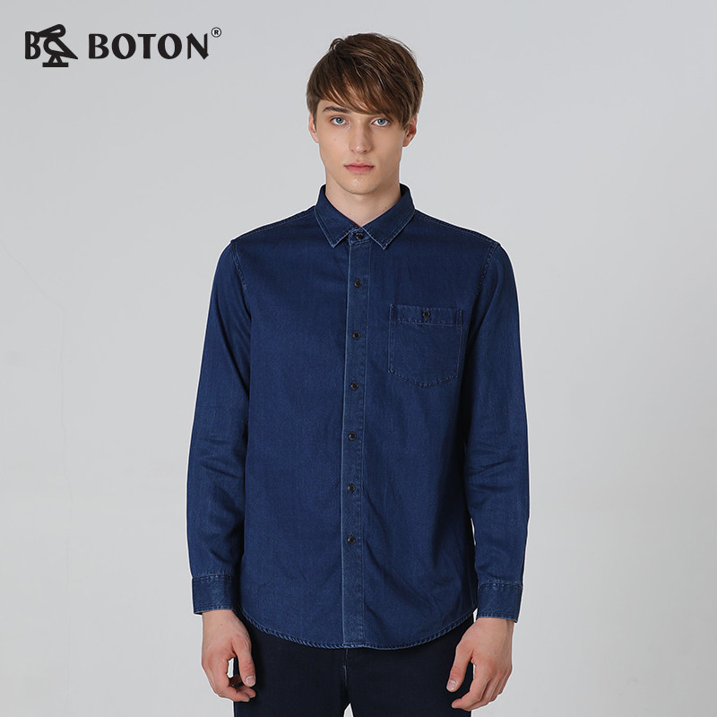 波顿/Boton长袖牛仔蓝色衬衫牛仔布春秋早秋款青年休闲美式英伦风