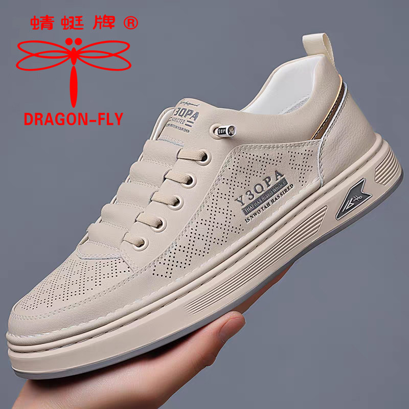 蜻蜓牌男鞋正品春秋运动男士休闲鞋真皮板鞋镂空透气软底小白鞋男
