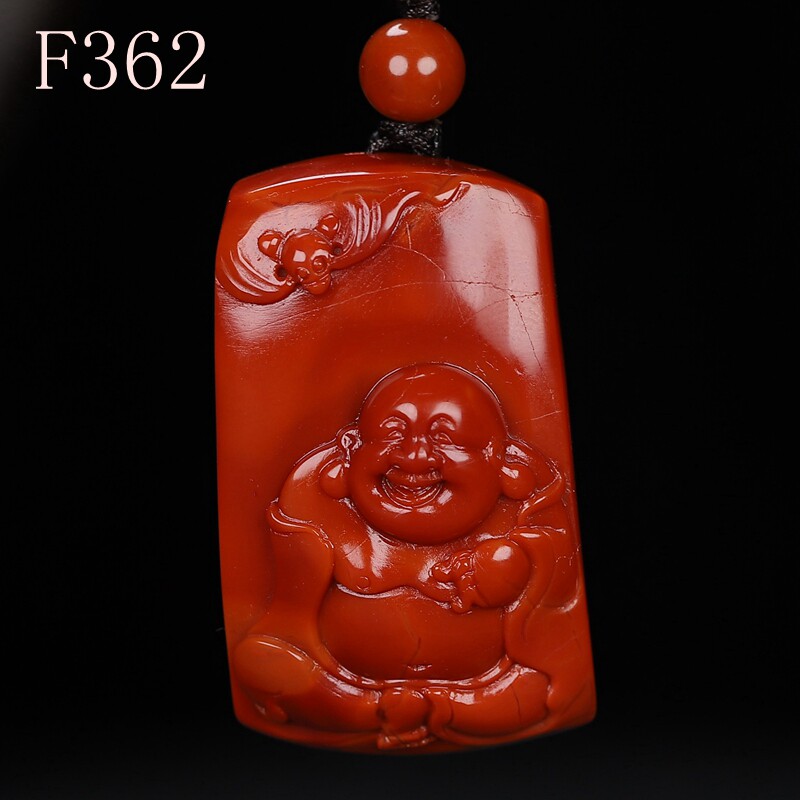 天然凉山南红玛瑙柿子红弥勒佛吊坠原石挂件大师作品F362