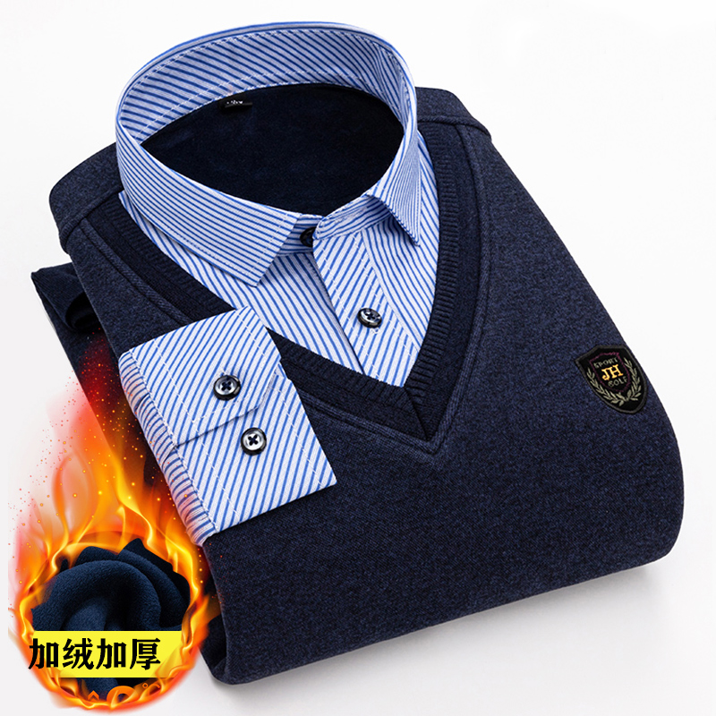 加绒加厚衬衣领假两件保暖衬衫男
