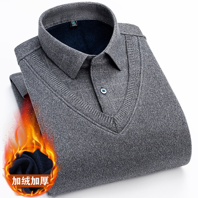 保罗加绒加厚长袖假两件保暖衬衫