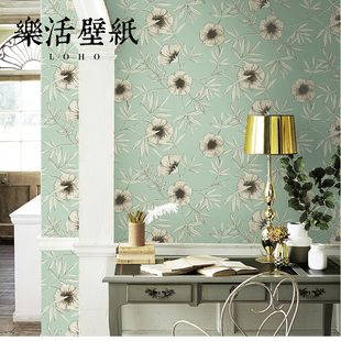 北欧田园大花蓝绿色无纺布卧室床头背景墙纸非自粘高级感2026新款
