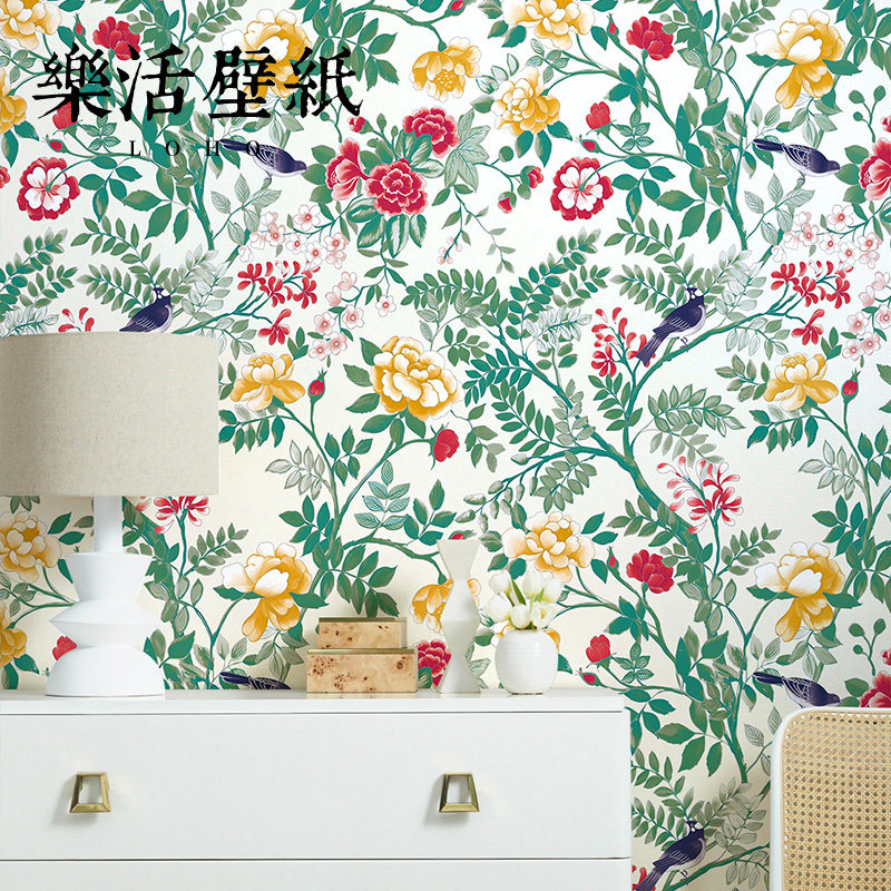 复古美式田园花鸟无纺布墙纸清新新中式卧室客厅背景墙壁纸高级感